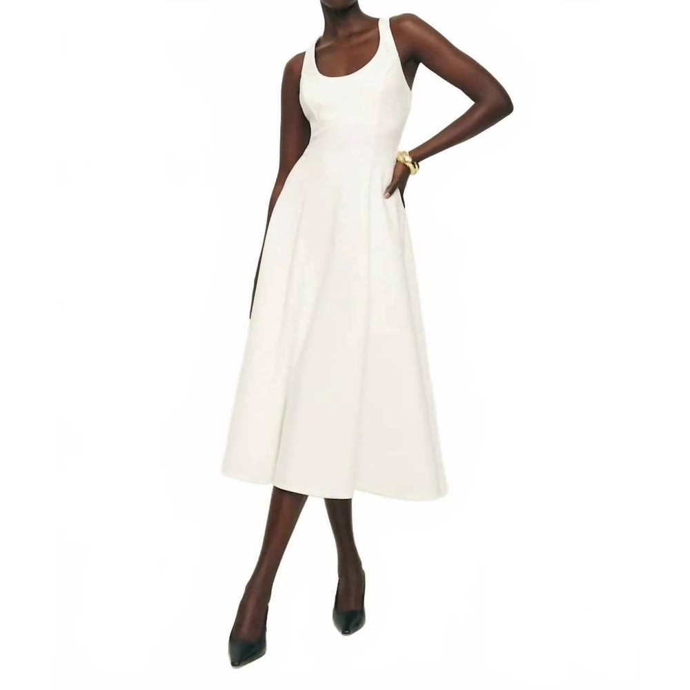 Reformation Mikol Knit Dress Stretch Midi M White Scoop Neck Fit Flare